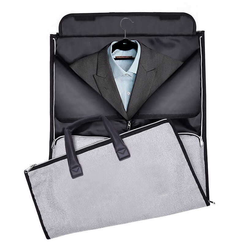 Black and gray fabric convertible garment travel bag with built-in hanger and shoe pocket for suits.