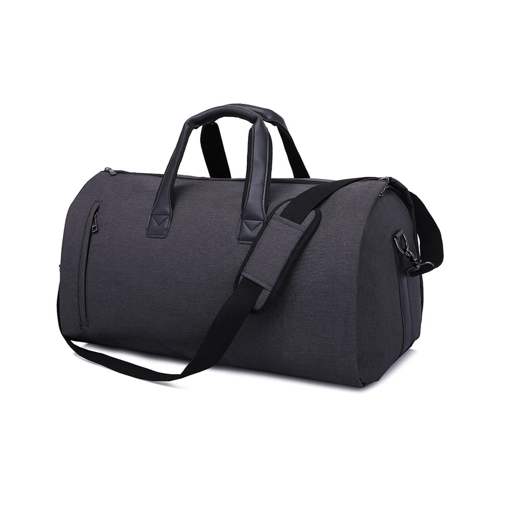 Black convertible garment travel bag with sturdy handles, detachable shoulder strap, and shoe pocket designed for organized travel.
