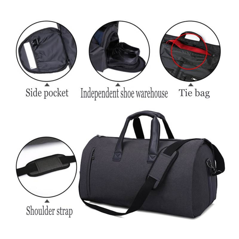 Black nylon convertible garment travel bag with red accent tie strap, adjustable shoulder strap, and shoe pocket.