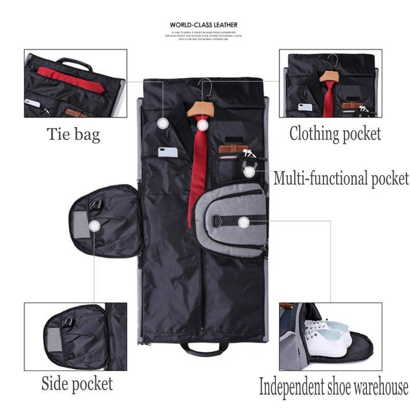 Black and gray world-class leather convertible garment travel bag with multiple pockets for ties clothing shoes and accessories including a shoe pocket