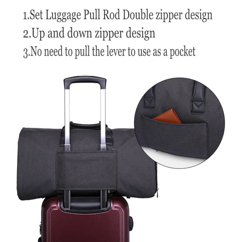 black fabric luggage pull rod cover with double zipper design and convenient pocket for easy access on convertible garment travel bag with shoe pocket