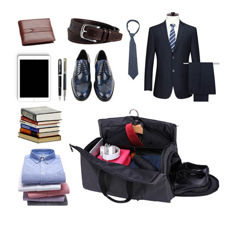 Black fabric convertible garment travel duffel bag with interior compartments handles and shoe pocket for organized travel.