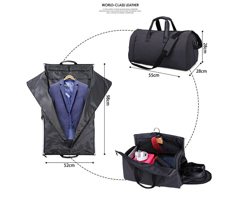 Black leather convertible garment travel bag with adjustable shoulder strap top handles and shoe pocket shown in three views including garment bag configuration.