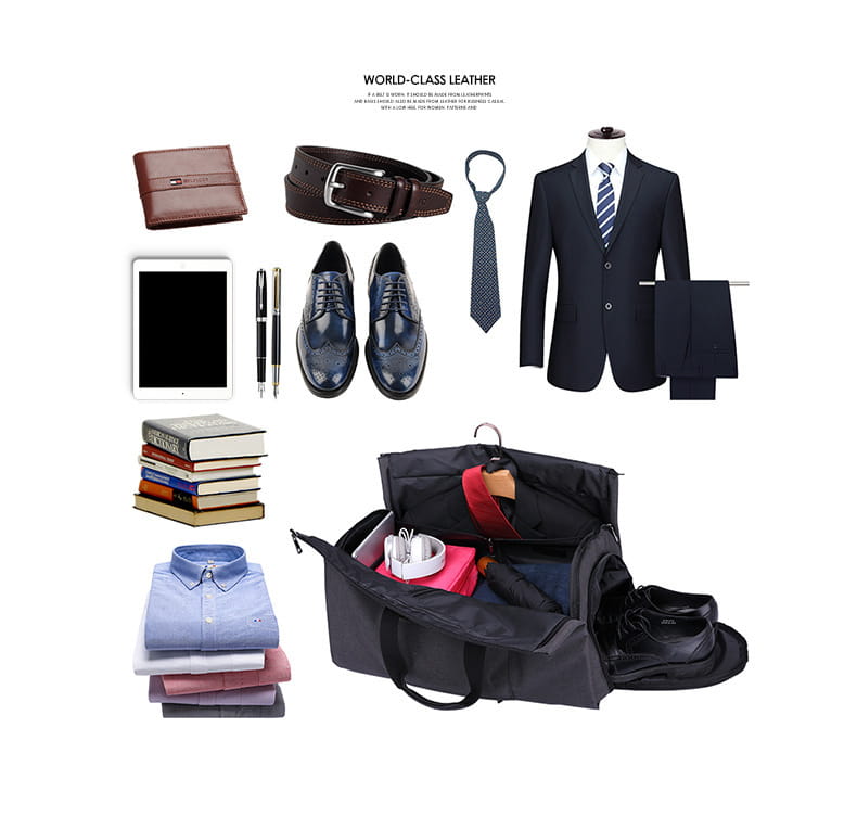 Black fabric convertible garment travel bag with interior compartments, handles, and shoe pocket for organized packing.