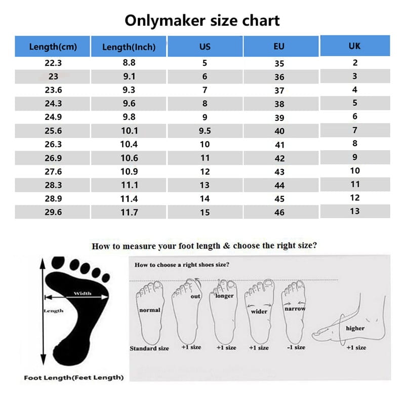 onlymaker size chart for pointed toe stiletto sandals crocodile pattern mules showing us eu uk sizes with measurements in centimeters and inches.
