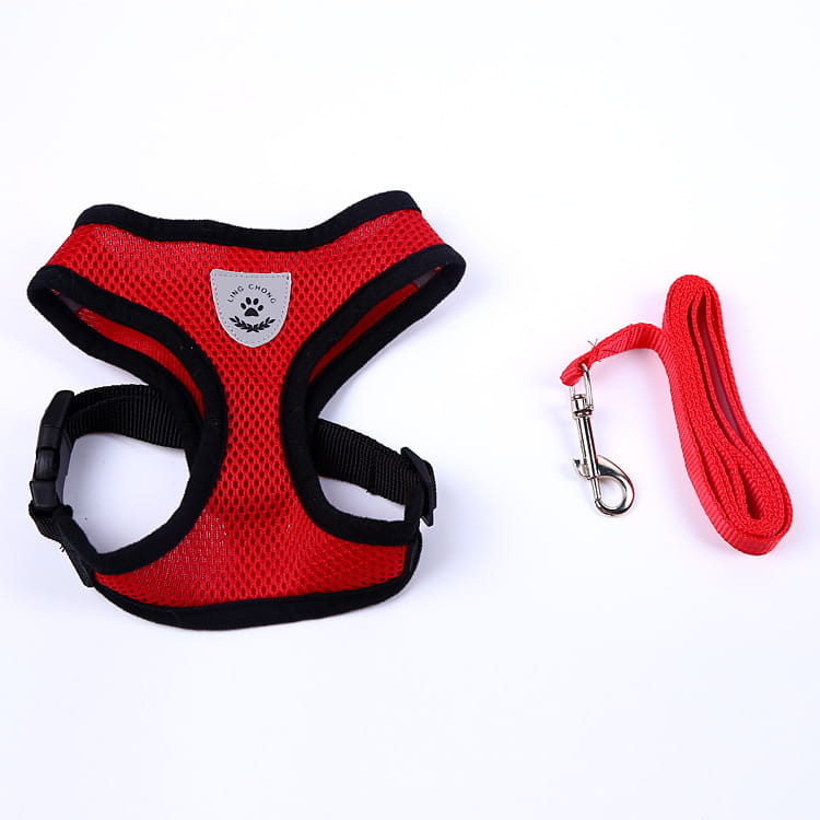 黒い縁取りの赤いメッシュ反射犬用ハーネスと、銀色のブランドパッチ。金属製の留め具が付いた、同じ赤いリードとセットになっています。