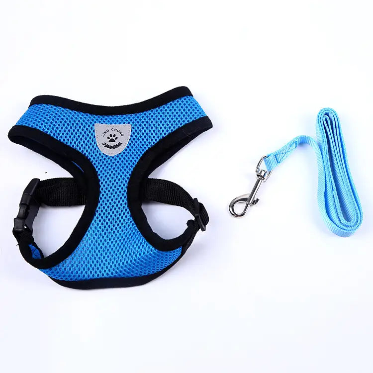 青いメッシュの反射メッシュ犬用ハーネス(黒い縁取り、銀色の肉球ロゴ付き)。同系の淡い青のリードが付属します。