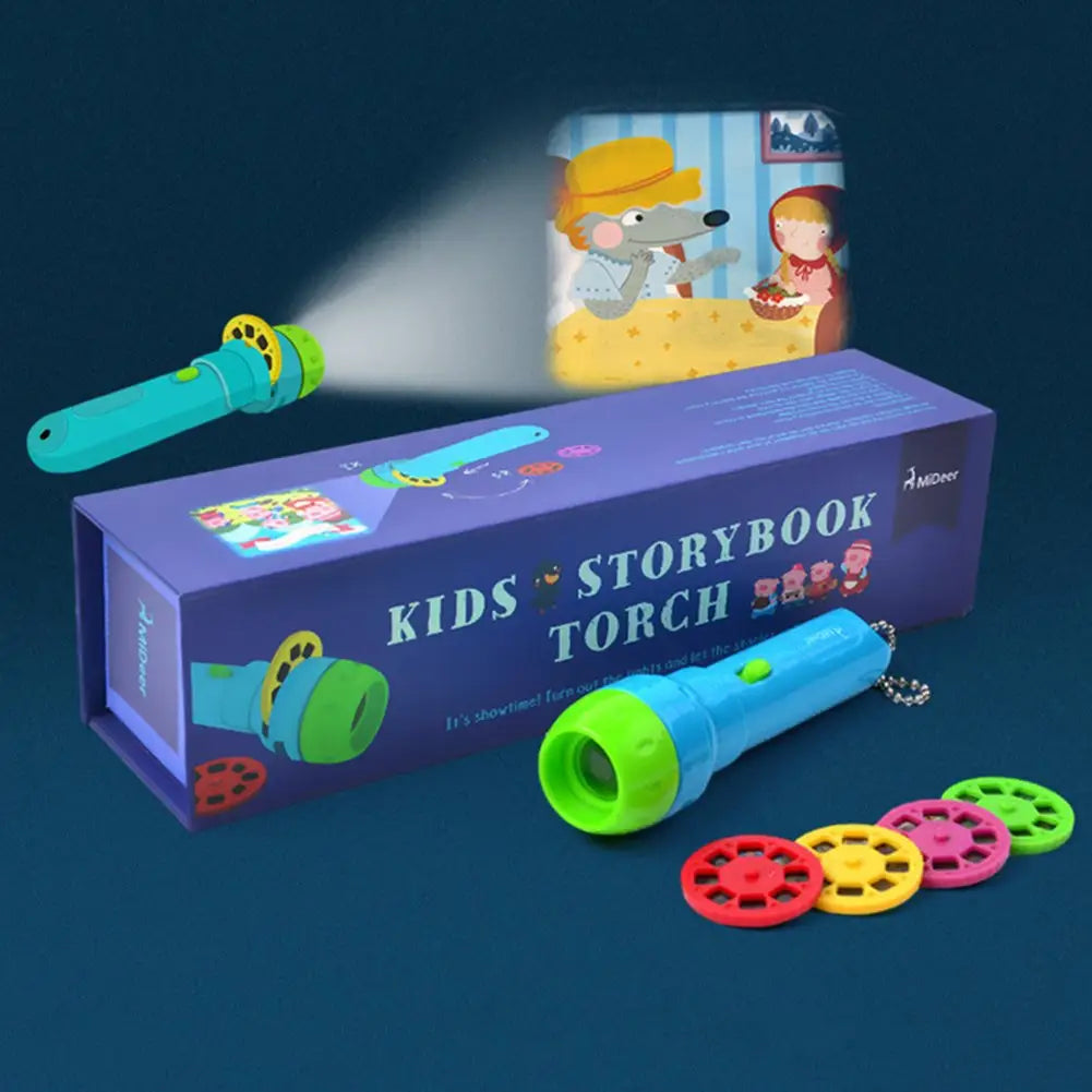 L’histoire de petits enfants en bleu et vert avec projecteur de torche à LED, jouet de conte de fées avec bobines de film colorées pour une narration imaginative.