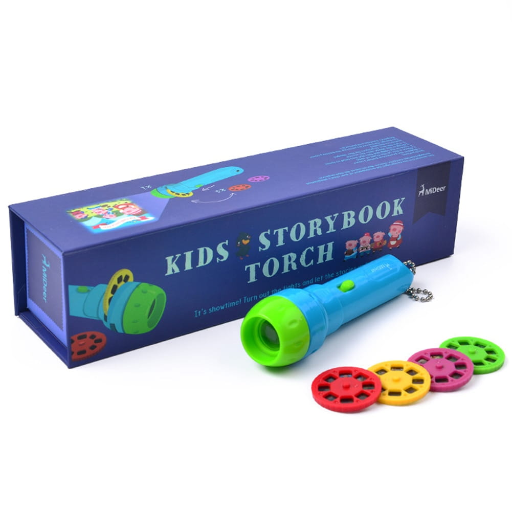 Jouet de conte de fées à projecteur de torche à LED de l’histoire de petits enfants en bleu et vert avec des bobines de film colorées pour la narration d’histoires pour enfants.
