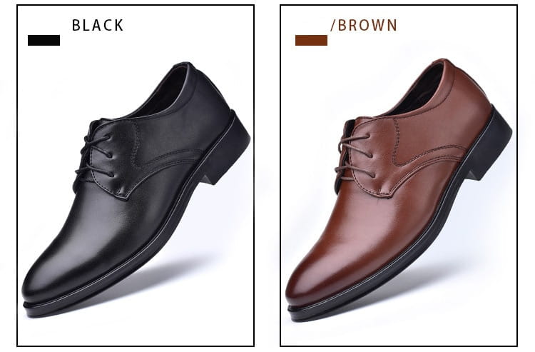 Men’s black pointed toe leather oxford dress shoes shown alongside brown leather lace-up oxford dress shoes each with a polished finish and classic design.
