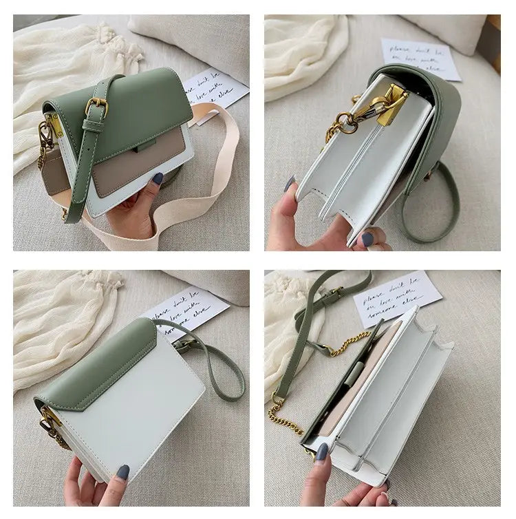 A stylish square crossbody bag in two-tone sage green and white faux leather featuring gold chain hardware and both chain and fabric shoulder straps.