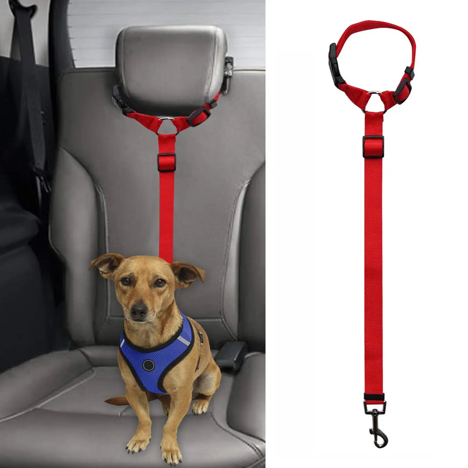 赤色の犬用シートベルトハーネスおよびリード一体セット。調節可能なストラップと、車内での安全のための確実なフックを備えています。