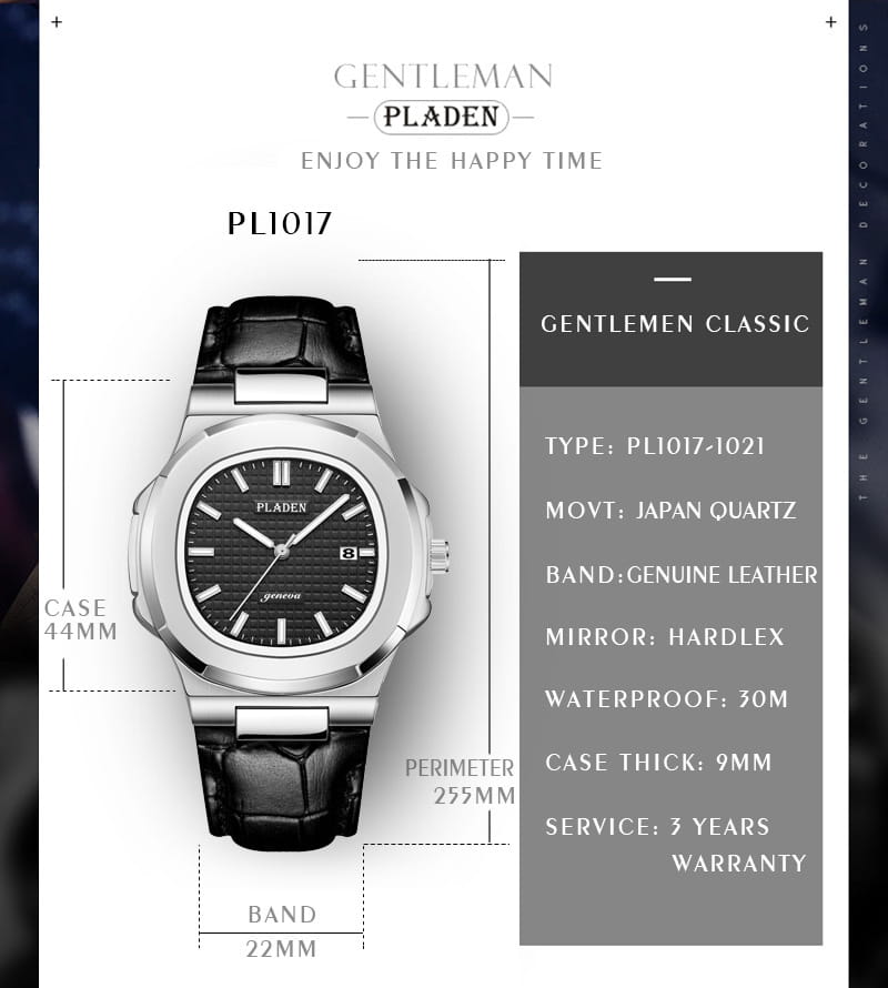 Silver-toned Pladen Men’s luxury waterproof quartz watch model PL1017-1021 with a black textured dial, white hour markers and hands, date display, and genuine leather strap.