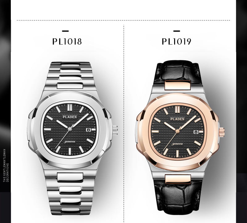 pladen men’s luxury waterproof quartz watches with date display featuring silver stainless steel link bracelet and rose gold leather strap with black textured dials