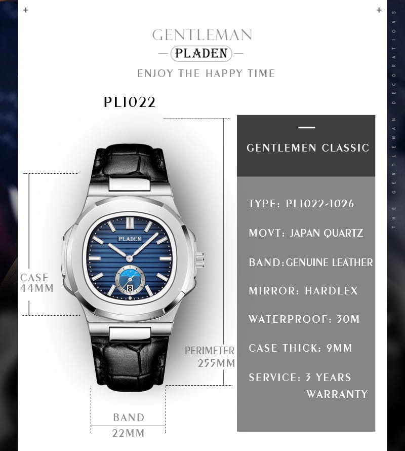 Silver-toned Pladen pl1022 men’s luxury waterproof quartz watch with blue sunray dial, black genuine leather strap, stainless steel case, and date display.