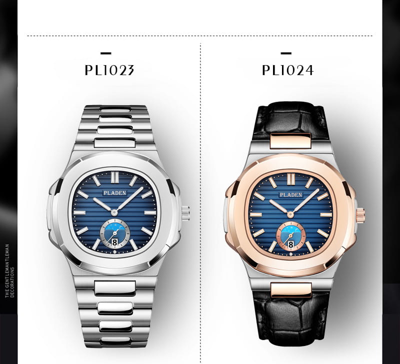 pladen men’s luxury waterproof quartz watches featuring silver and rose gold cases with blue striped dials, stainless steel bracelets, and black leather straps.