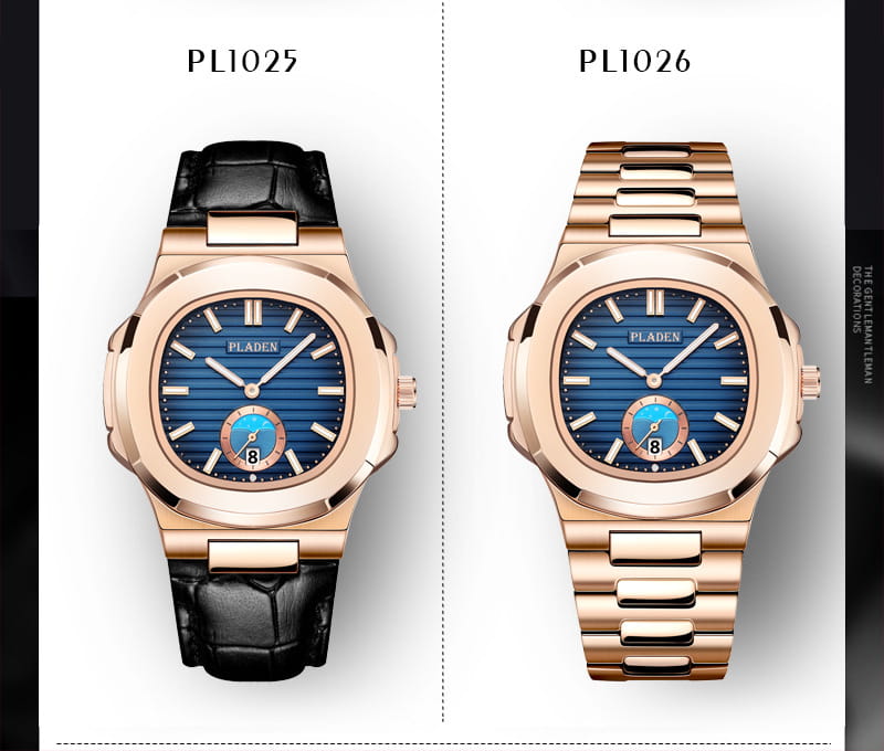 Pladen men’s luxury waterproof quartz watch with date display features a rose gold case, blue striped dial of the pl1025 model, and black crocodile leather strap.