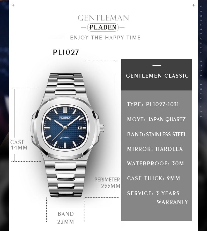 Silver stainless steel Pladen men’s luxury waterproof quartz watch with a blue textured dial white hour markers and date display.