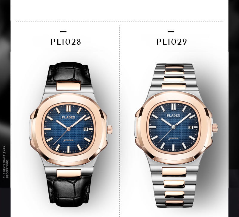 Two pladen mens luxury waterproof quartz watches with date display featuring rose gold-tone cases, blue textured dials, and stainless steel bracelets.