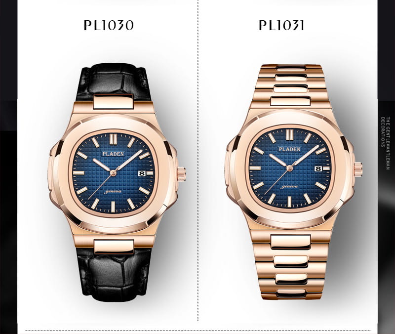 Pladen men’s luxury waterproof quartz watch with a rose gold case blue gradient dial date display and black crocodile leather strap.