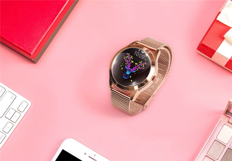 Rose gold butterfly smartwatch with stainless steel mesh band and blue deer pattern displayed on the screen.