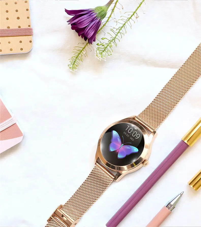 rose gold butterfly smartwatch with stainless steel mesh band featuring a round screen displaying a purple butterfly pattern
