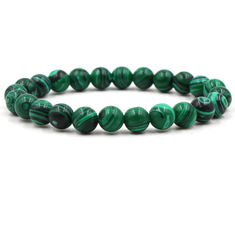 A vibrant green and matte black malachite elastic bead bracelet featuring swirling black patterns and a polished smooth finish.
