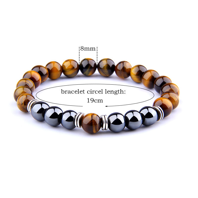 A 19cm tiger eye and magnetic obsidian beaded elastic bracelet featuring alternating brown and gold striped tiger eye stones, dark metallic hematite spheres, and silver-toned spacers.