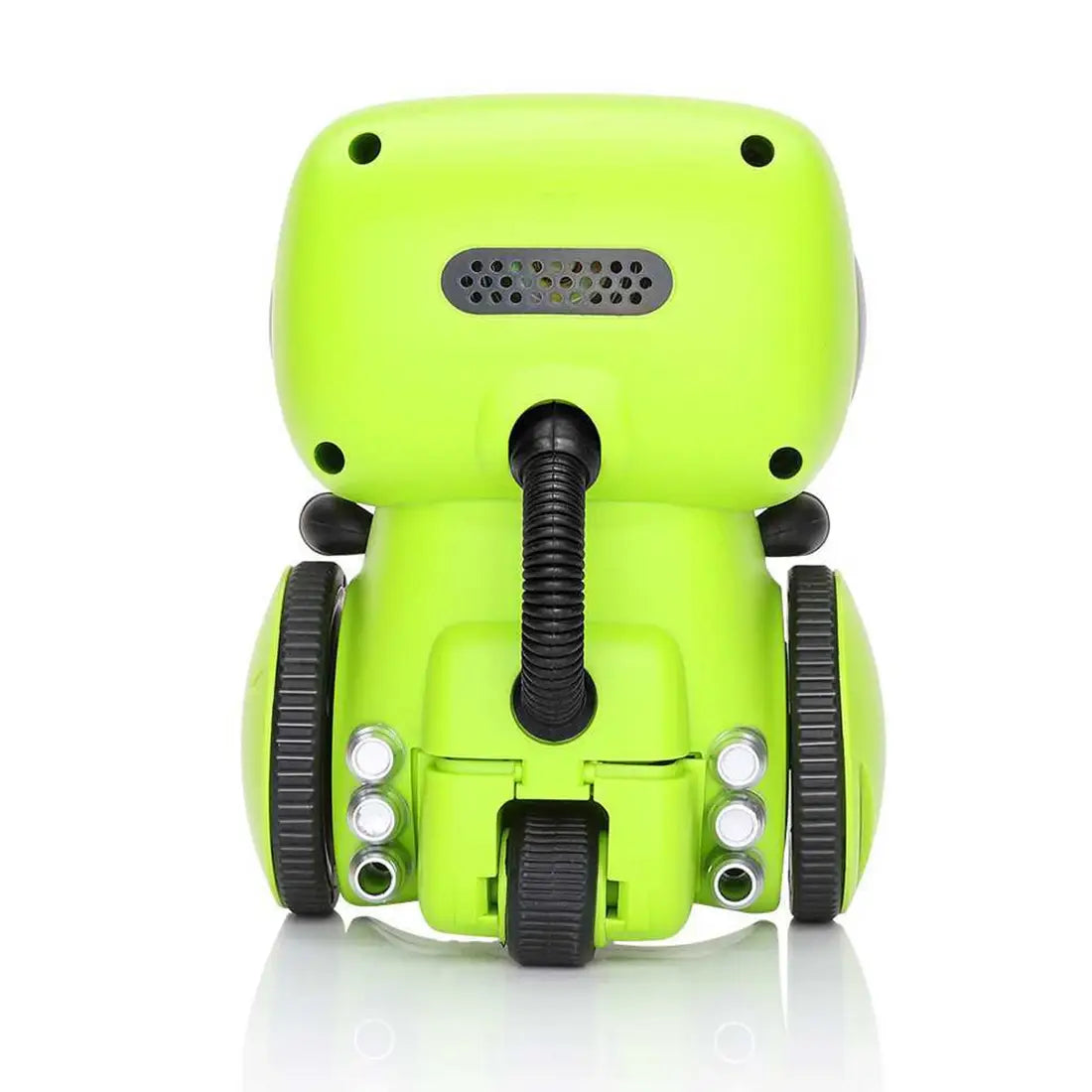 黒い車輪と柔軟なホースを備えた、子ども向け音声認識インタラクティブロボット玩具の鮮やかなライムグリーン色で、ロボット掃除機として設計されています。