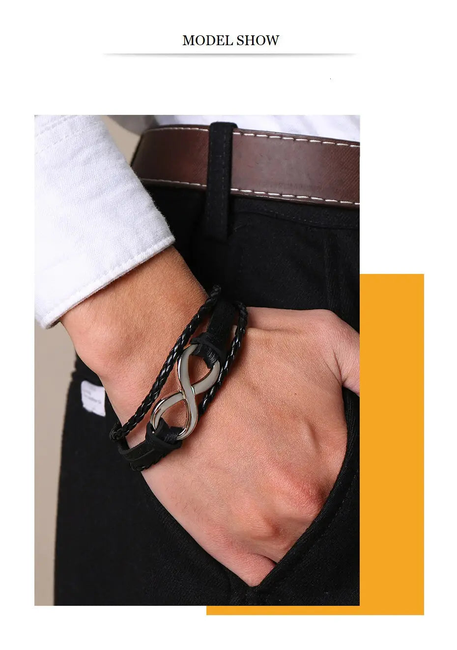 Black braided leather unisex bracelet featuring a silver infinity symbol centerpiece and nautical charm.