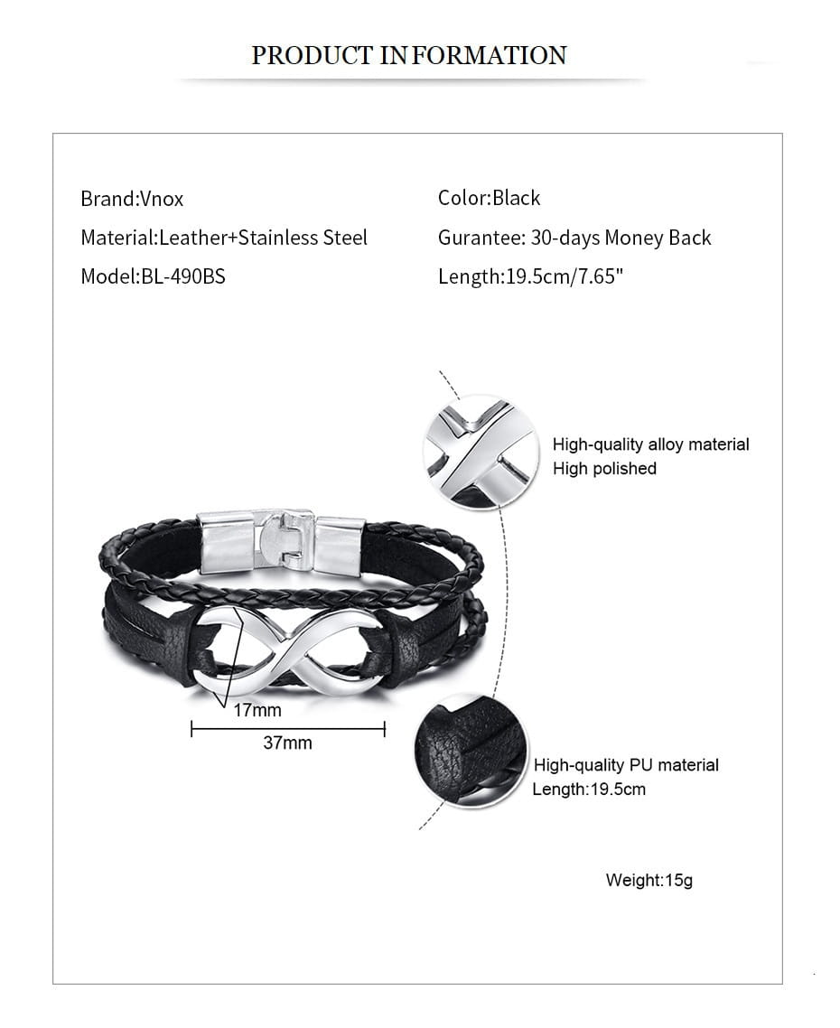 Unisex braided leather infinity and nautical charm bracelet featuring black leather and a stainless steel infinity symbol with a sleek polished metal clasp.