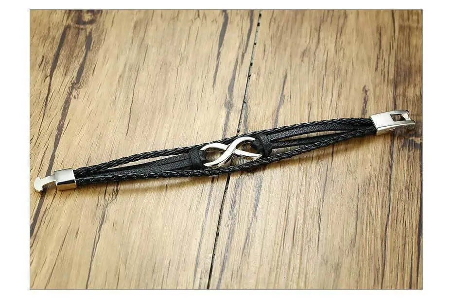 Black unisex braided leather bracelet with a silver infinity symbol clasp and metallic end caps.