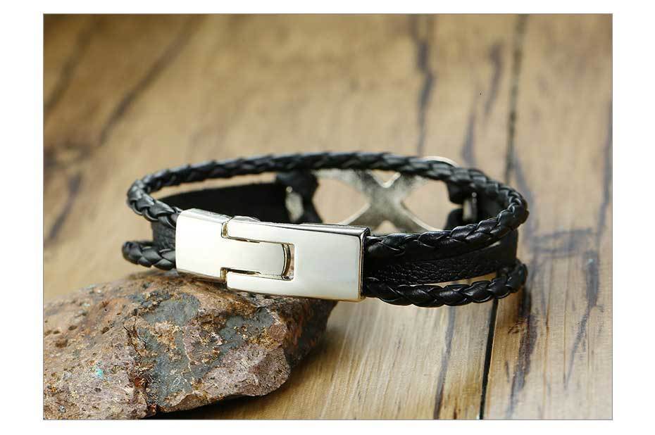 black braided leather unisex infinity and nautical charm bracelet with a sleek silver-toned rectangular clasp