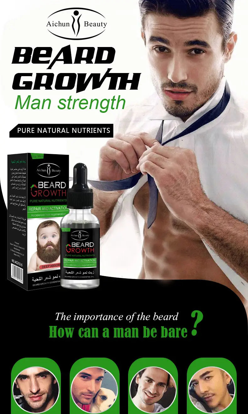 A clear glass dropper bottle with a black cap and green label containing beard growth oil for natural repair and nourishing care.