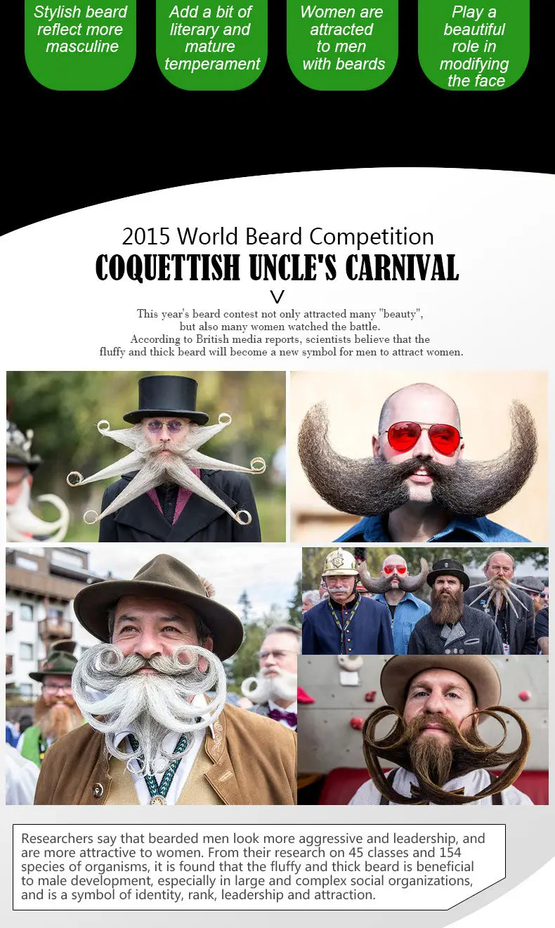 A collection of elaborate artificially grown beards in various styles and colors displayed for beard growth oil for natural repair and nourishing care.