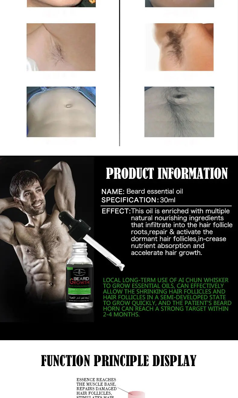 A sleek transparent glass bottle with a black dropper cap and green label featuring white text containing beard growth oil for natural repair and nourishing care.