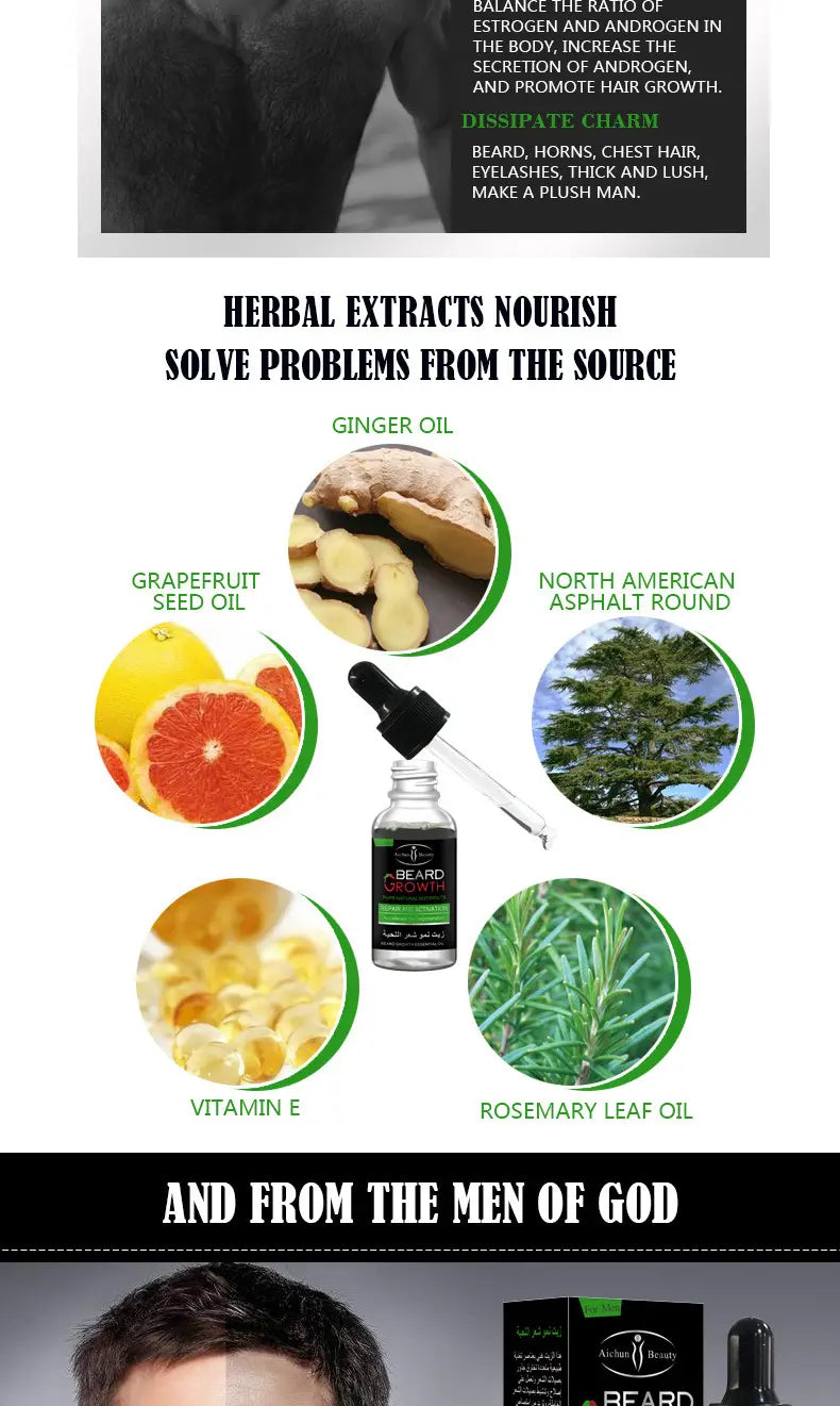 Clear glass bottle with black dropper cap labeled beard growth beard growth oil for natural repair and nourishing care.