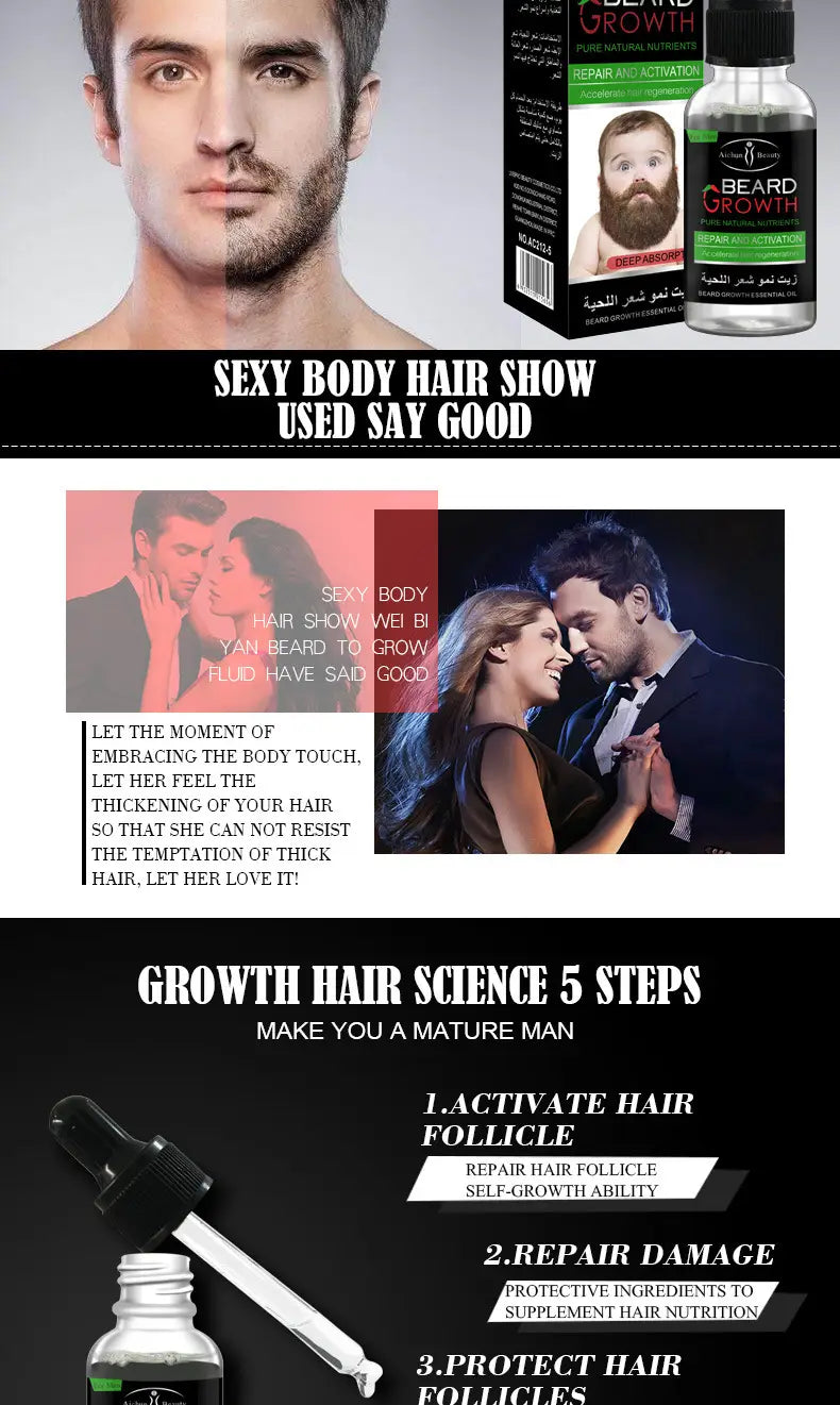 clear glass bottle with black dropper and green label featuring beard growth text containing dark liquid beard growth oil for natural repair and nourishing care