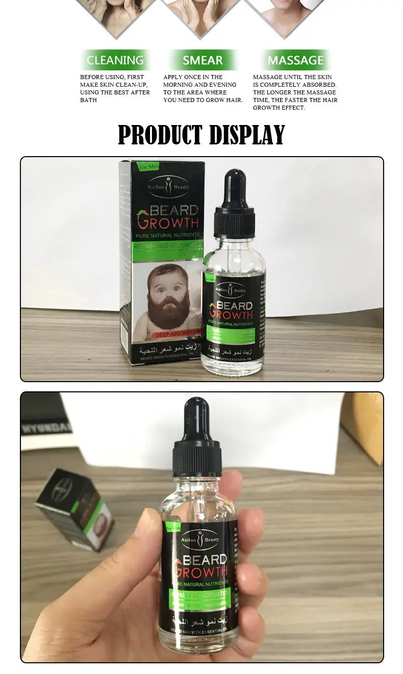 Clear glass bottle with black dropper cap and green label reading beard growth by aiden & beards containing beard growth oil for natural repair and nourishing care.