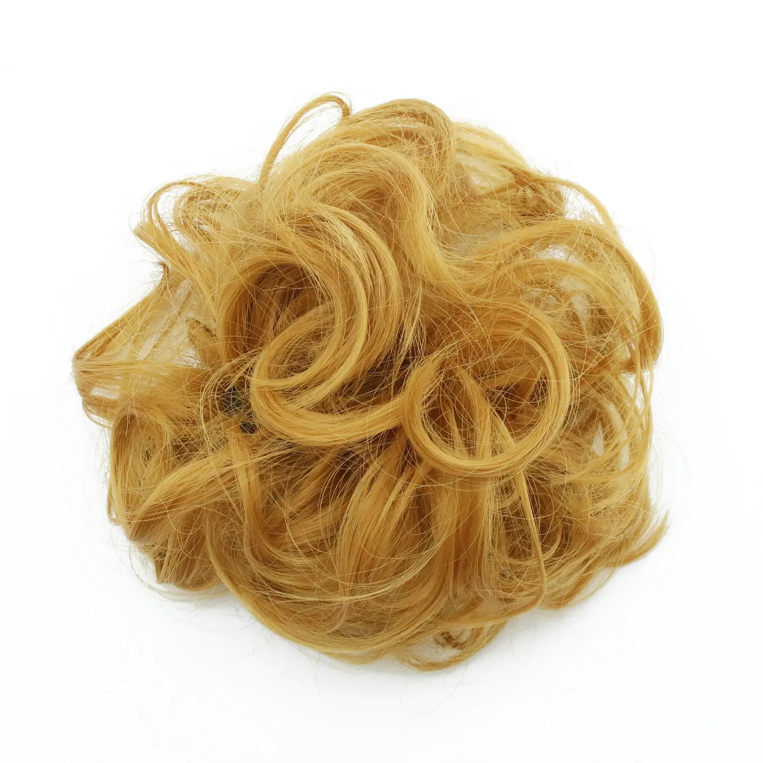 Eine voluminöse, lockige blonde synthetische Haardutt-Erweiterung aus synthetischen Fasern in einer von 46 verfügbaren Farben.
