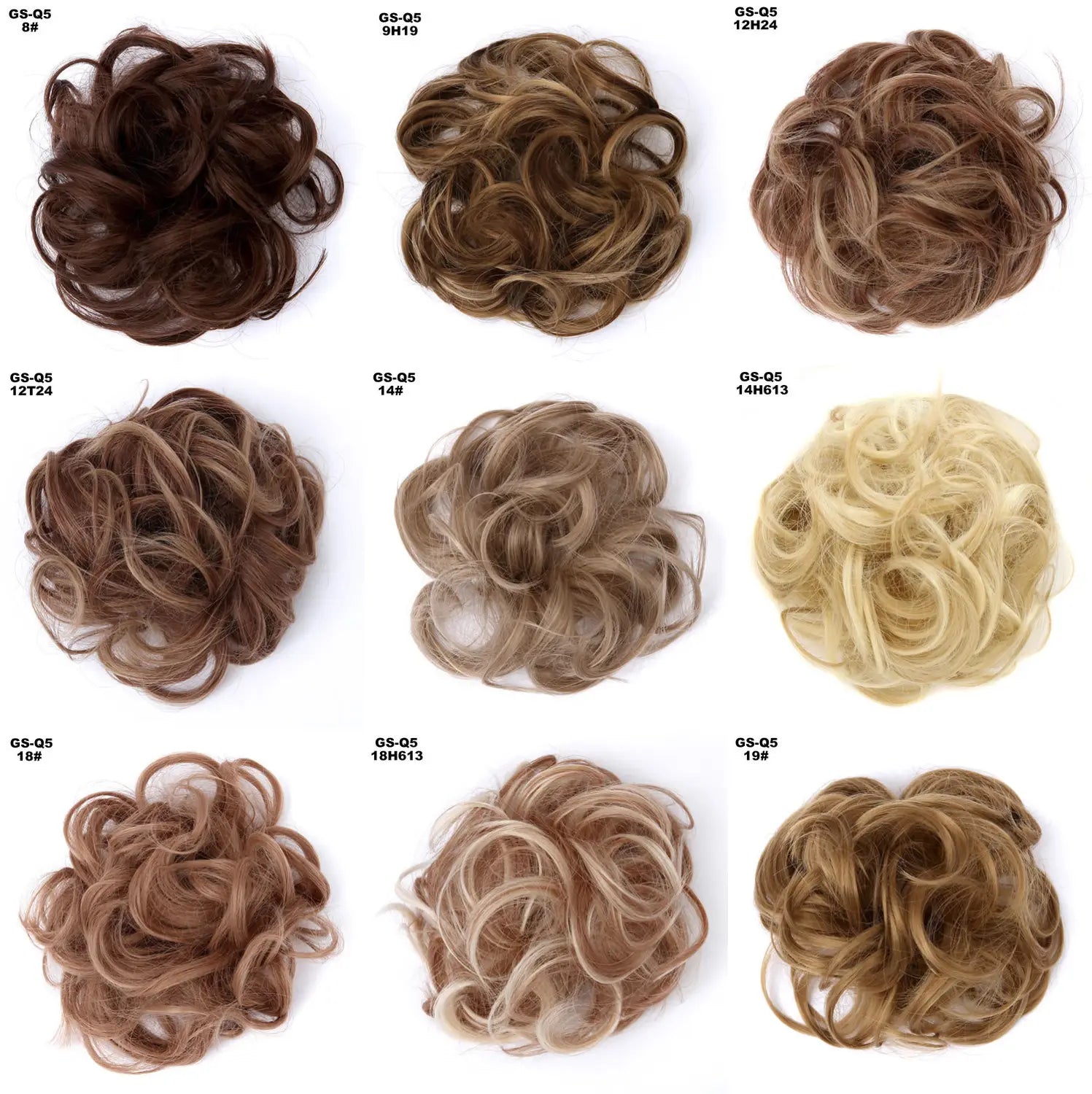 Eine Kollektion aus neun lockigen synthetischen Haardutt-Erweiterungen in verschiedenen Nuancen von Braun und Blond aus der Produktlinie Curly Synthetic Hair Bun Extension 46 Farben.