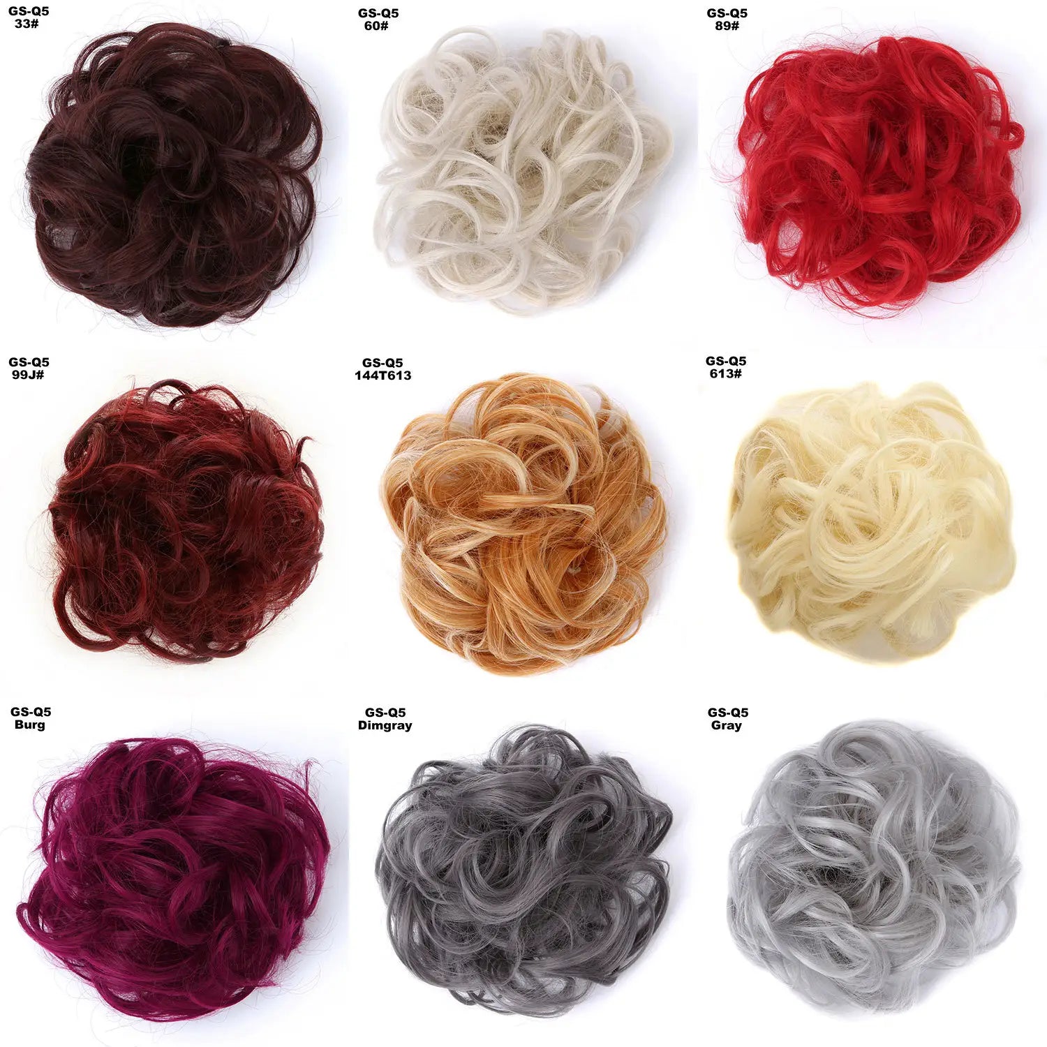 Eine Kollektion aus neun lockigen synthetischen Haardutt-Erweiterungen in verschiedenen Farben, darunter Braun, Weiß, Rot, Burgunder, Blond, Grau und Lila, aus dem Produkt mit dem Titel Curly Synthetic Hair Bun Extension 46 Farben.