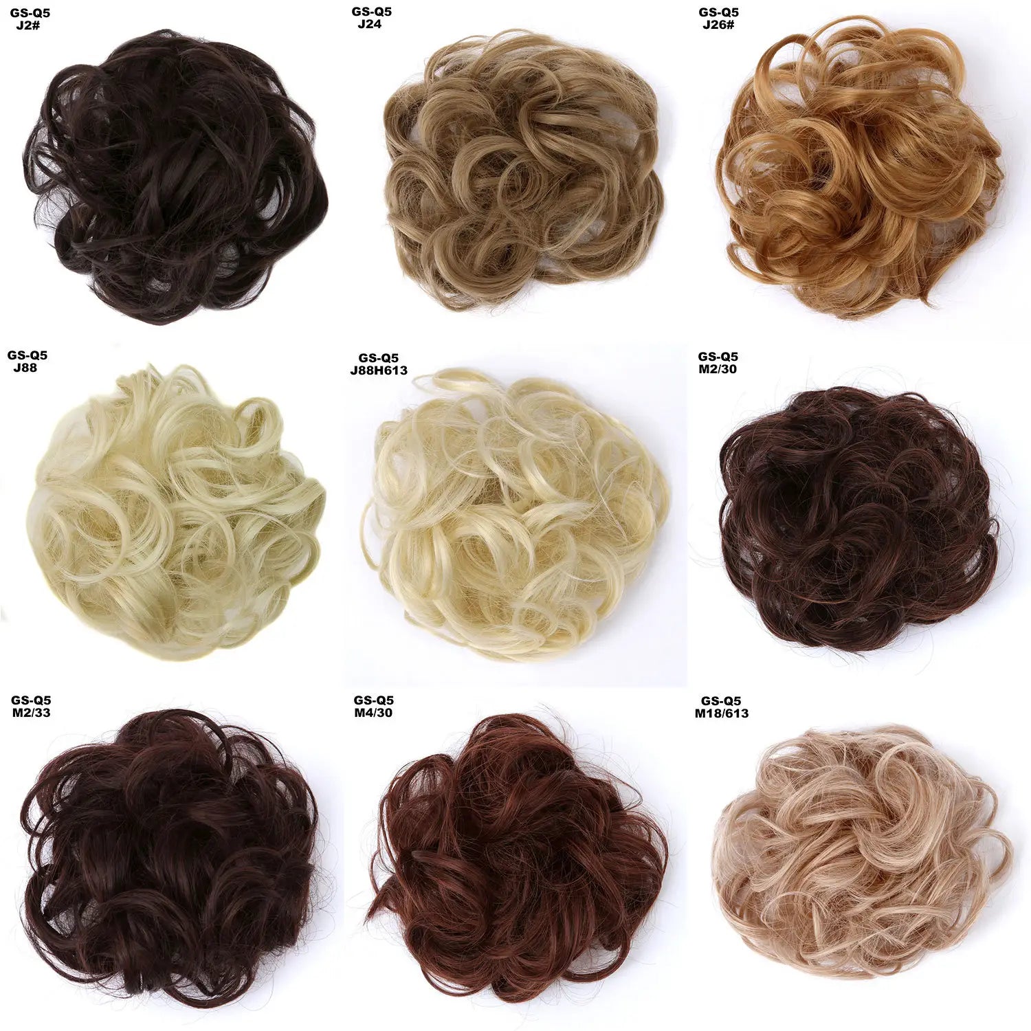 Eine Kollektion aus neun lockigen synthetischen Haardutt-Erweiterungen in verschiedenen Nuancen, darunter Schwarz, Blond und Braun, aus der Produktlinie Curly Synthetic Hair Bun Extension 46 Farben.