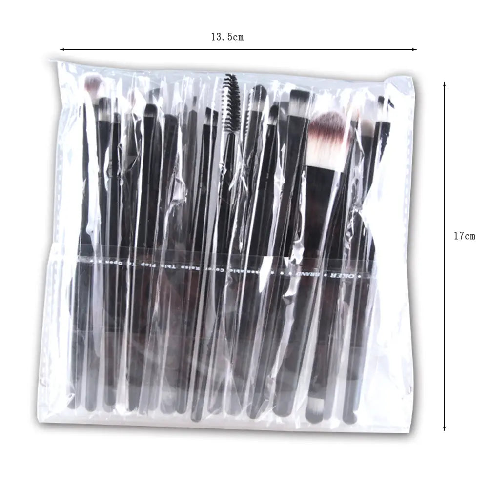 A set of 20 professional black-handled makeup brushes with various bristle types and colors neatly packed in a clear plastic sleeve.