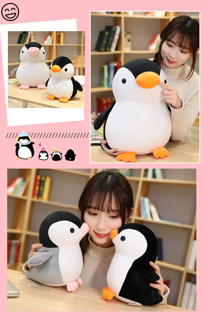 Niedliche Plüsch-Pinguin-Spielzeuge in Schwarz-Weiß mit orangefarbenem Schnabel und orangefarbenen Füßen aus weichem Stoff sind in verschiedenen Größen als Kuscheltiere für Kinder und Jugendliche erhältlich.