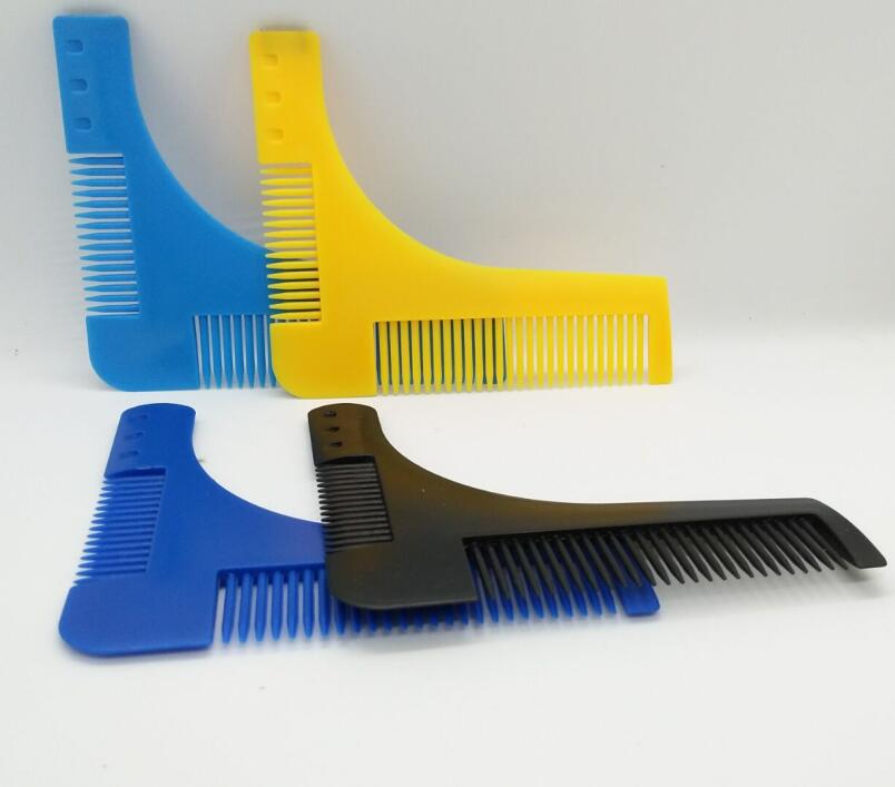 Set aus blau-gelbem Kunststoff-Bartkamm mit integrierter Schablone zur Bartformung, einschließlich eines schwarzen Kamms für präzises Pflegen.