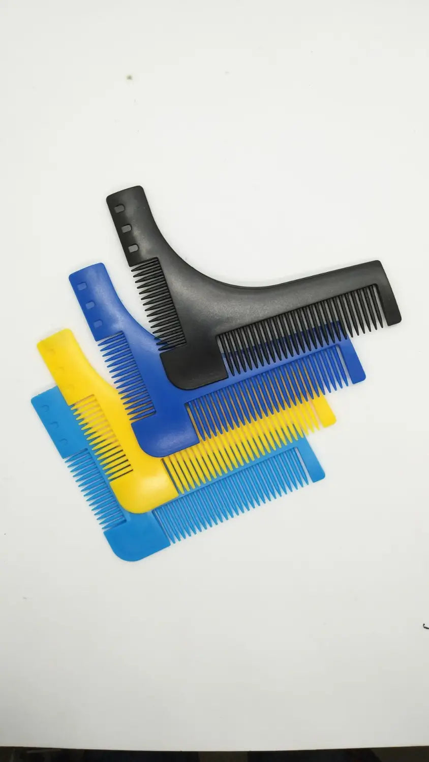 Set of four colorful plastic beard shaping tool templates with integrated combs in black blue and yellow.
