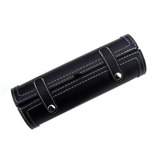 black leather roll-up case with white stitching and silver-toned metal hardware for makeup brush set 10 piece gold and black