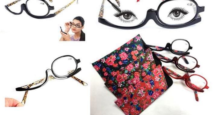 Makeup reading glasses plus 2.50 strength variety pack featuring black-framed lenses with decorative eyelash designs and leopard-print temple arms.