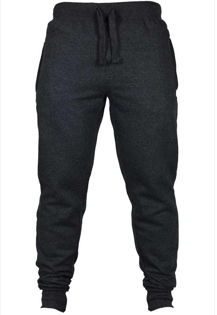 Pantalons de jogging en molleton pour homme en tissu noir chiné, avec taille à cordon et poignets côtelés, conçus pour un port confortable et décontracté.